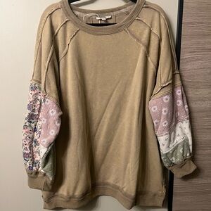 Tan Sweatshirt with Floral Patchwork Sleeves